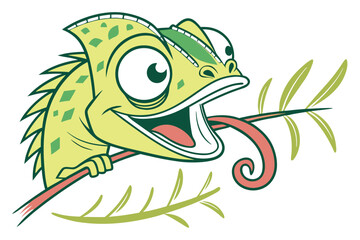 Cartoon chameleon extends tongue on a leafy branch in fun drawing