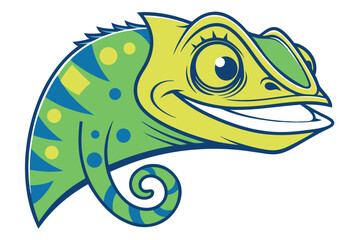 Cartoonish lizard smiles, its head showcases green, yellow, and blue colors on a white backdrop