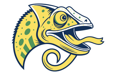 Cartoon chameleon extends its tongue while showing off its bright yellow and green pattern