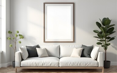Frame mockup, ISO A paper size. Living room wall poster mockup. Interior mockup with house background. Modern interior design. 3D render. High quality