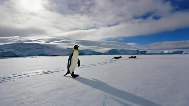 Emperor penguins waddle across the snowy landscape in Antarctica under a bright blue sky