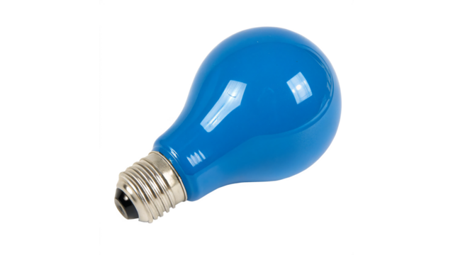 Vividly tinted blue light bulb isolated on transparent background 