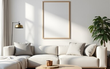 Frame mockup, ISO A paper size. Living room wall poster mockup. Interior mockup with house background. Modern interior design. 3D render. High quality