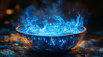 Blue flames erupt in dark bowl, mystical scene, fantasy background, potion brewing