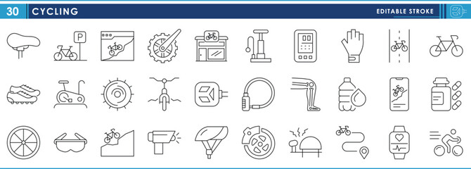 A set of line icons related to Cycling. Cycle, bicycle, fitness, various parts, adventure, and so on. Vector editable stroke.