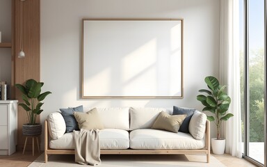 Frame mockup, ISO A paper size. Living room wall poster mockup. Interior mockup with house background. Modern interior design. 3D render. High quality