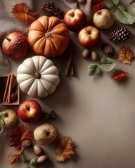 A vibrant display of autumn harvest, featuring pumpkins and apples.