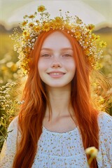 Happy holiday season creative. Happy gorgeous caucasian young girl woman with red hair wearing yellow flower circlet on her head. Golden hour in sunset. Stylish and relaxed vacation vibes.