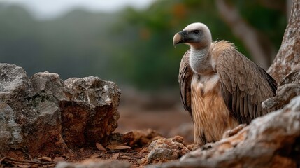 Fototapeta premium A powerful and majestic vulture standing on rocky terrain, showcasing its impressive wings and intricate feather patterns, embodying nature's raw beauty and resilience.