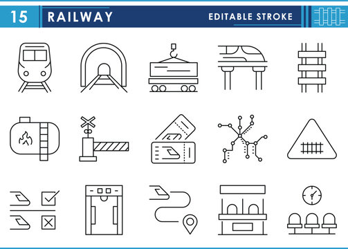 Fototapeta A set of line icons related to Railway. Rail, network, warning, wait, tunnel, and so on. Vector editable stroke.