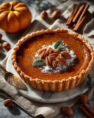 Delicious pumpkin pie garnished with pecans and cinnamon sticks.