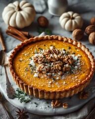 Delicious pumpkin pie topped with walnuts and decorative spices.