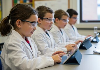 Engaged Young Scientists in Lab Coats Using Tablets for Interactive Learning in Classroom Setting