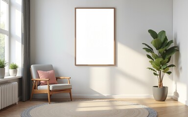 Frame mockup, ISO A paper size. Living room wall poster mockup. Interior mockup with house background. Modern interior design. 3D render. High quality