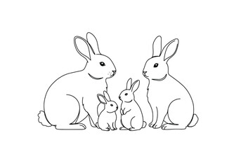 Obraz premium Rabbit family drawing. It is a black and white outline image of a rabbit family, featuring two adult rabbits and two baby bunnies, portraying a loving group. Vector sketch line art draw.