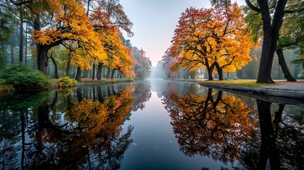 Serene autumn landscape with vibrant trees reflecting in water.