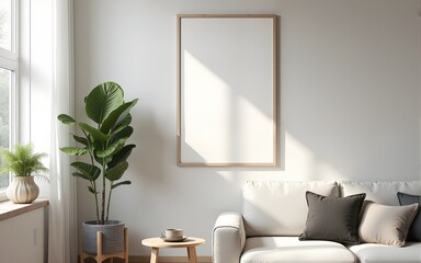 Frame mockup, ISO A paper size. Living room wall poster mockup. Interior mockup with house background. Modern interior design. 3D render. High quality