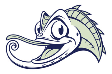 A cartoon chameleon with a curly tongue sticks out ready to catch prey