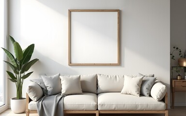 Frame mockup, ISO A paper size. Living room wall poster mockup. Interior mockup with house background. Modern interior design. 3D render. High quality