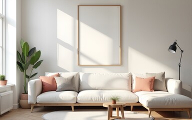Poster mockup in a modern living room interior. Frame mockup with ISO A paper size. 3D illustration. High quality