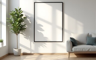 mock up poster frame in modern interior background, living room, Contemporary style, 3D render, 3D illustration. High quality