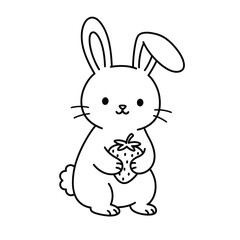 Obraz premium Strawberry bunny drawing. It is a black and white outline image of a strawberry bunny, a cute rabbit holding and seemingly enjoying a strawberry. Vector sketch line art draw.