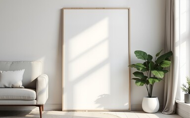 Frame mockup, ISO A paper size. Living room wall poster mockup. Interior mockup with house background. Modern interior design. 3D render. High quality