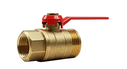 Brass ball valve plumbing fitting with red handle for water supply isolated on a transparent background