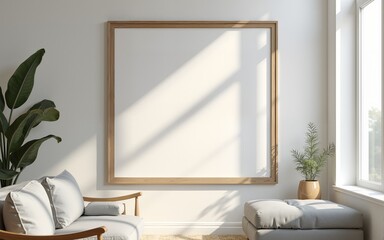 Frame mockup, ISO A paper size. Living room wall poster mockup. Interior mockup with house background. Modern interior design. 3D render. High quality