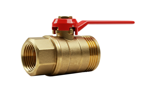 Brass ball valve plumbing fitting with red handle for water supply isolated on a transparent background