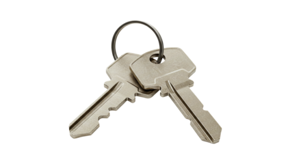 Metal house door keys with keyring for lock security isolated on a transparent background