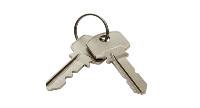 Metal house door keys with keyring for lock security isolated on a transparent background
