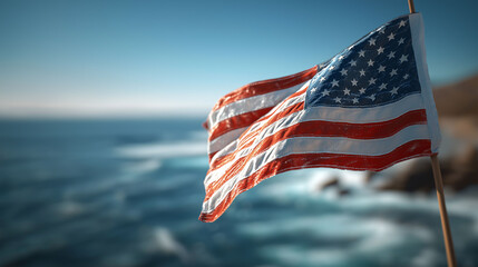 American Flag by Ocean: A vibrant American flag billows proudly in the ocean breeze, its red, white, and blue colors contrasting beautifully against the deep blue water and the rugged coastline.