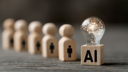 Artificial intelligence innovation ai with the digital brain in a light bulb concept glowing light bulb with wooden blocks