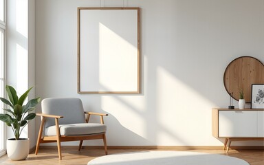 Poster mockup in a modern living room interior. Frame mockup with ISO A paper size. 3D illustration. High quality