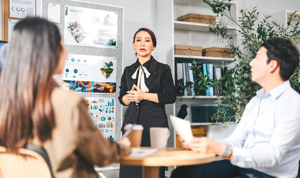 Leader business mature woman asian working together traning team skill positive emotion at modern office