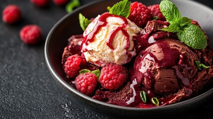 An enticing bowl of rich chocolate ice cream topped with fresh raspberries and drizzled with sauce, making it an irresistible treat for dessert lovers and food enthusiasts.