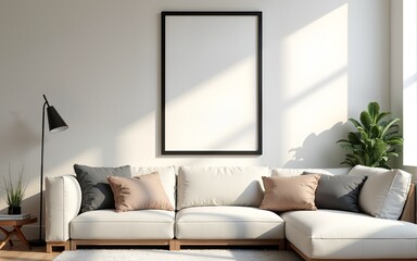 Frame mockup, ISO A paper size. Living room wall poster mockup. Interior mockup with house background. Modern interior design. 3D render. High quality
