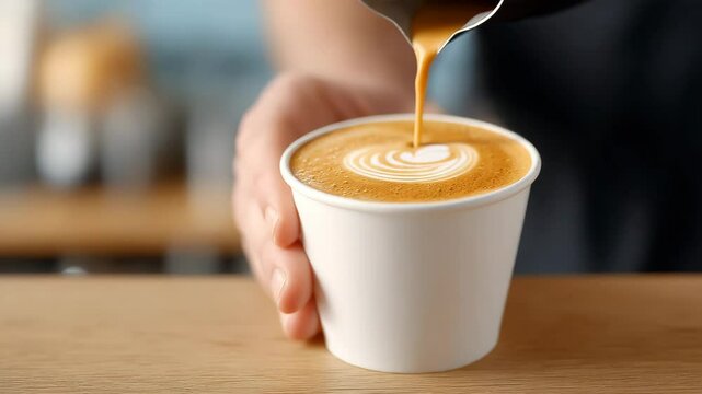 Coffee Artistry: A barista's hand expertly pours creamy milk into a disposable paper cup, crafting delicate latte art that showcases the fusion of taste and aesthetic.