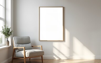 mock up poster frame in modern interior background, living room, Scandinavian style, 3D render, 3D illustration. High quality