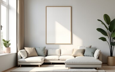 Frame mockup, ISO A paper size. Living room wall poster mockup. Interior mockup with house background. Modern interior design. 3D render. High quality