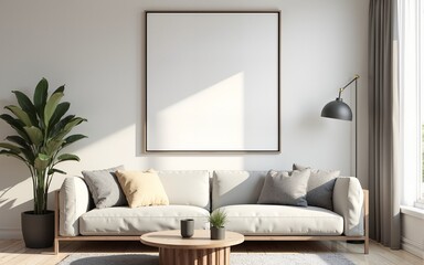 Frame mockup, ISO A paper size. Living room wall poster mockup. Interior mockup with house background. Modern interior design. 3D render. High quality