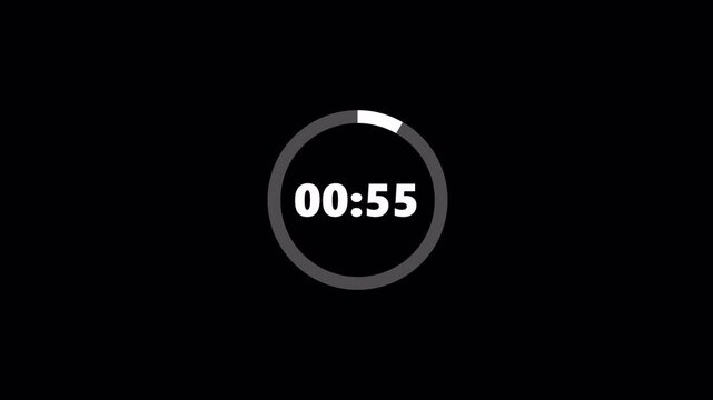 Countdown circular animation from 60 to 0 seconds, sixty seconds countdown animation on transparent background, One minute countdown circular animation with alpha channel 