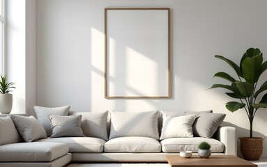Frame mockup, ISO A paper size. Living room wall poster mockup. Interior mockup with house background. Modern interior design. 3D render. High quality
