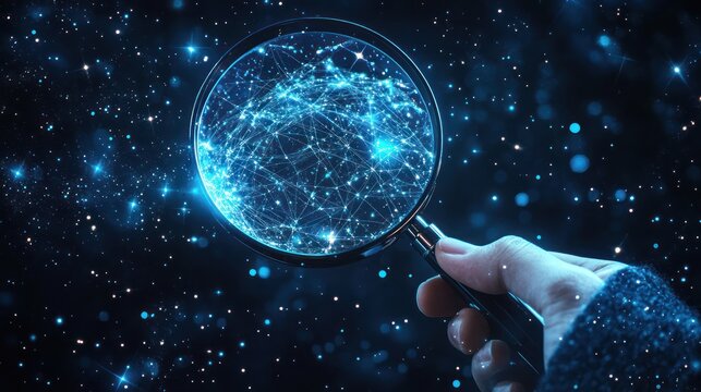 Hand holding magnifying glass, examining network data, cosmic background, digital analysis