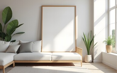 Frame mockup, ISO A paper size. Living room wall poster mockup. Interior mockup with house background. Modern interior design. 3D render. High quality
