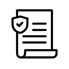 Black and white icon of a rolled document with a shield and checkmark, symbolizing policy, compliance, and secure terms of service.
