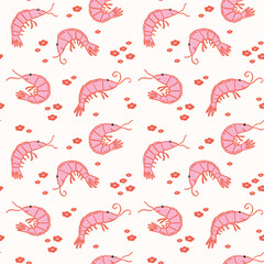 Cute pattern with shrimps and flowers on a plain background. Vector illustration. Design for wallpaper, wrapping paper, clothing, cards and invitations. Vintage hand drawn art.