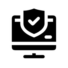 Black and white icon of a computer monitor with a shield and checkmark, symbolizing installed security software and system protection.
