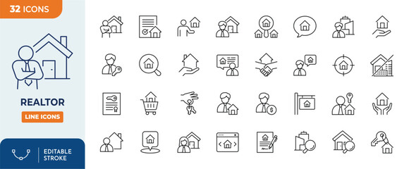 Realtor line editable icon set. Editable stroke. Vector illustration